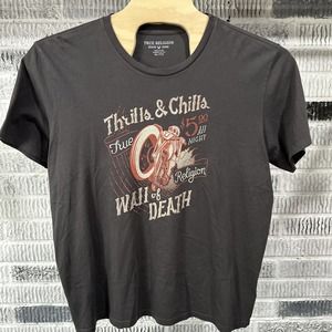 True Religion Graphic Tee Mens XL Gray Thrills Chills Moto Logo Cotton Crew Neck